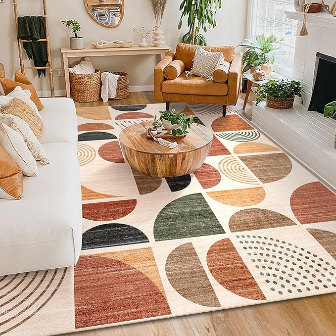 8x10 Area Rugs,Washable Rug Non Slip Modern Abstract Boho Large | Throw Carpet for Living Room Bedroom Bedside Dining Room Soft Low Pile Floor Indoor Bohemian Terracotta