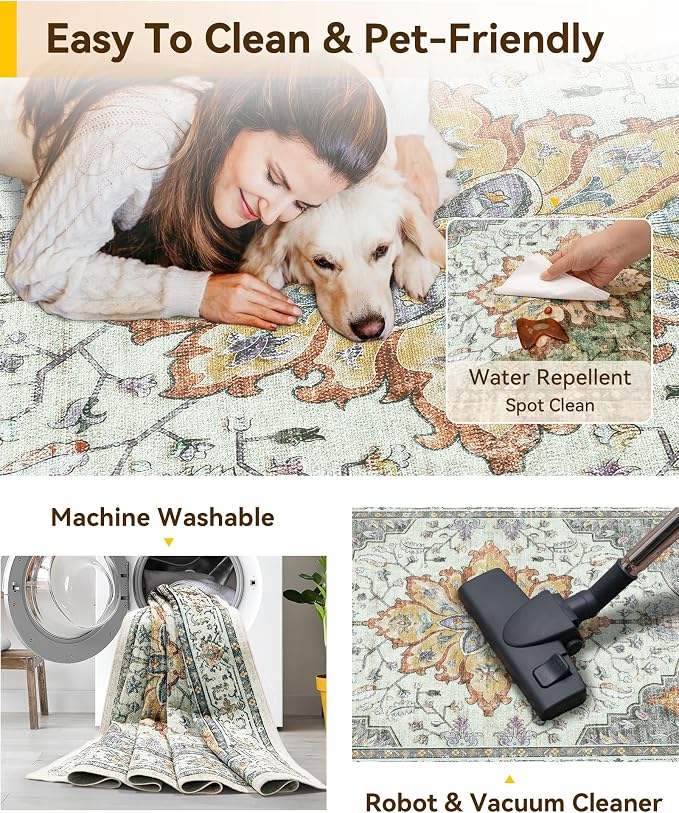 RELEANY Washable Area Rug, Small 2'6"x4', Beige/Carbon Grey/Orange | Non-Slip, Water Repellent, Pet Friendly, Easy to Clean, Vintage Floral Boho Decor for Kitchen Entryway Bathroom
