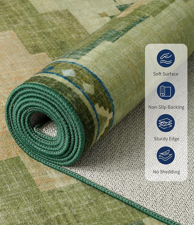 YIHOUSE 2‘x6' Non-Slip Green Mid Century Modern Runner Rug for Kitchen | Washable, Low Pile, Funky Retro Aztec Long Rug for Hallway Entryway Bedroom