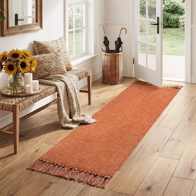 2' x 6' Fall Kitchen Runner Rug, Farmhouse Washable Bathroom Mat | Hand-Woven Hallway Runner Rugs, Reversible Braided Bedroom Carpet for Laundry Room, Entryway, Patio, Terracotta Fall Decor