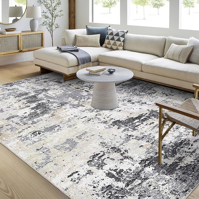 ROYHOME 10x13 Modern Abstract Faux Wool Rug for Living Room, Black Yellow | Low Pile Ultra Soft Stain Resistant Non Slip Non Shedding Throw Rug for Bedroom Home Decor