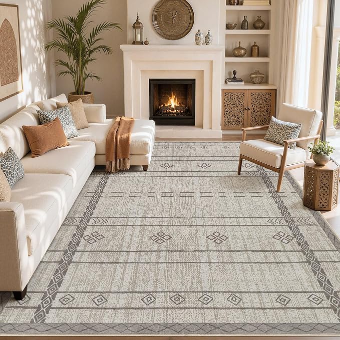 cotiled 6x9 Area Rugs for Living Room: Boho Washable Rug for Dining Room | Stain Resistan Indoor Soft Carpet for Bedroom Nursery Grey Brown