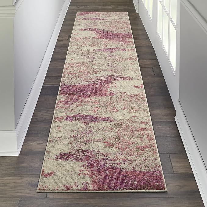 Nourison Home Celestial Modern Abstract Ivory/Pink 2'2" x 12' Area -rug, Easy -cleaning, Non Shedding, Bed Room, Living Room, Dining Room, Kitchen (2x12)