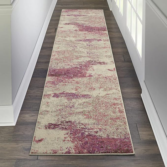 Nourison Home Celestial Modern Abstract Ivory/Pink 2'2" x 12' Area -rug, Easy -cleaning, Non Shedding, Bed Room, Living Room, Dining Room, Kitchen (2x12)