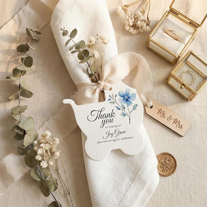 24pcs Blue Carriage-Shaped Gift Tags with Wildflower Seeds - Writable Gift Wrap Tags for Baby Showers, Mother's Day Present, Party Favors, DIY Crafts, & Earth Day Decorations