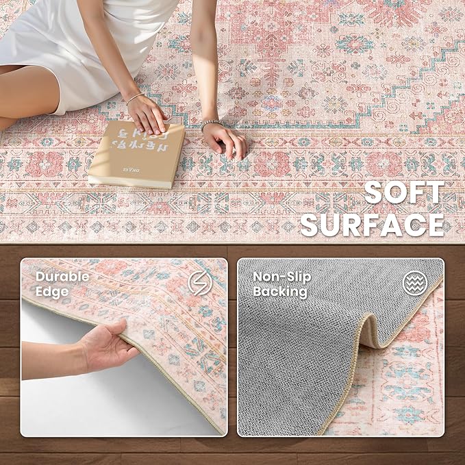 Pink Rugs for Bedroom-8x10 Area Rugs for Living Room,Girls Room | Washable Rugs for Nursery,Dining Room,Office,Low Pile,Soft, Vintage Rug,Stain Resistant Indoor Carpet,Non Slip,Home Decor