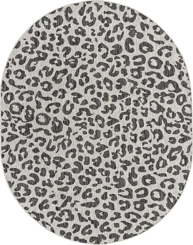 Unique Loom Outdoor Safari Collection Area Rug - Leopard (7' 10" x 10' Oval, Light Gray/ Gray)