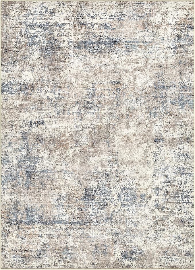 Nakagishi 10X14 Abstract Washable Area Rugs for Living Room-Blue Brown | Modern Non-Slip Silicone Backing Low Pile Soft Carpet for Bedroom Dining Decor Ideal for Families with Kids and Pets