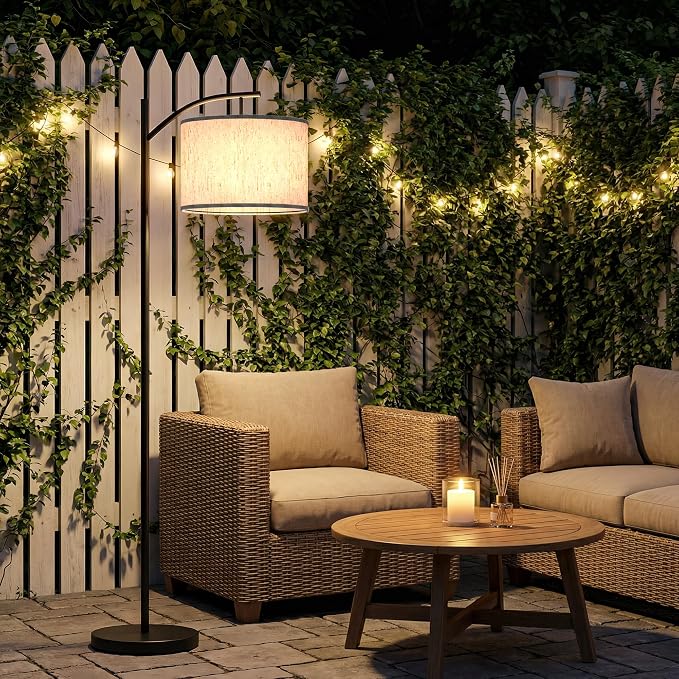 Candieslife Solar Outdoor Floor Lamp for Patio, Cordless Arc Standing Lamp with Heavy Base & Weatherproof Shade, Waterproof Solar Powered Light for Deck, Porch, Garden, Balcony Decor