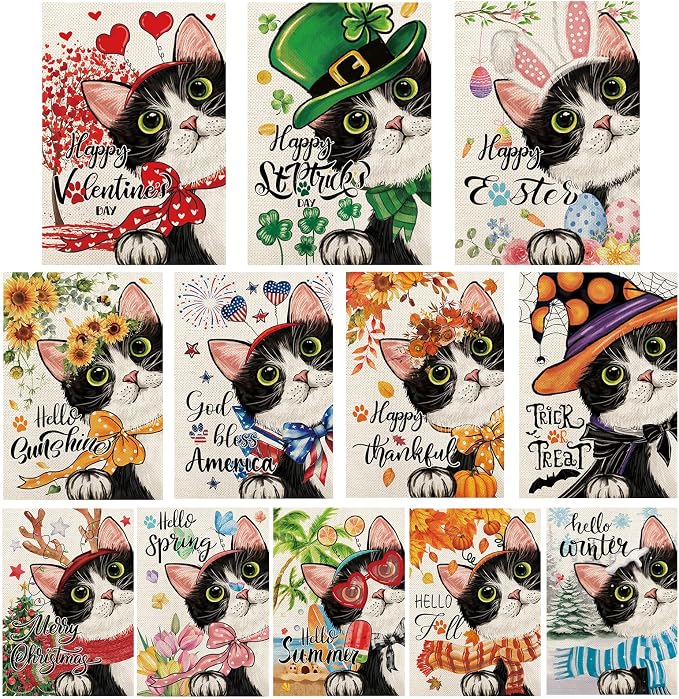 Cute Black Cat Garden Flags for Outside Set of 12, Welcome Seasonal Garden Flags 12x18 Double Sided, Kitten Yard Flags for All Seasons and Holidays, Winter Spring Yard Flag for Holiday Decor