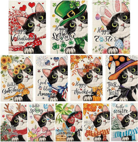 Cute Black Cat Garden Flags for Outside Set of 12, Welcome Seasonal Garden Flags 12x18 Double Sided, Kitten Yard Flags for All Seasons and Holidays, Winter Spring Yard Flag for Holiday Decor
