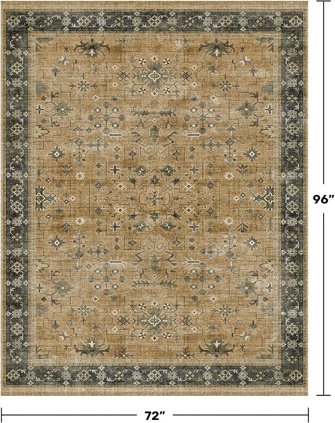 Traditional Washable 6x8 Area Rug for Living Room, Vintage Boho Dining Room Rugs for Under Table, Lightweight Foldable Low Pile Soft Carpet, Rustic Brown and Charcoal Olive Floral Design