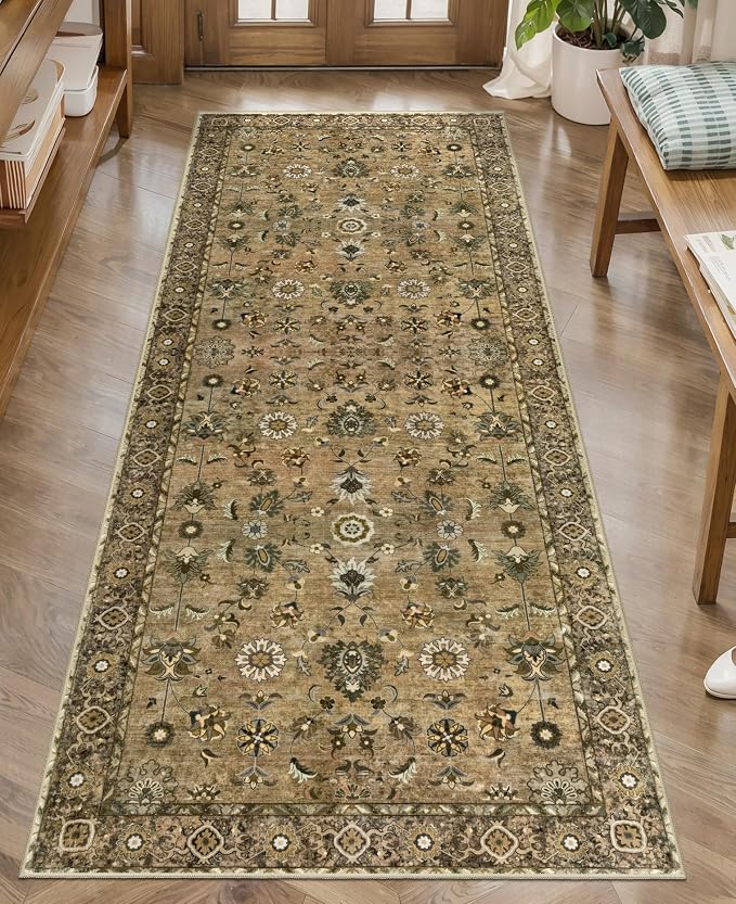 Brown 2x6 Washable Runner Rugs for Hallway, Vintage Non Slip Rug Runners | Oriental Soft Low Pile Rug, Farmhouse Print Carpet Boho Hallway Runners for Kitchen Bedroom Entryway Bathroom Home Decor