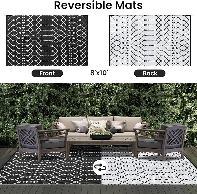 Smiry Outdoor Rug 8x10 ft, Waterproof Reversible Plastic Straw Rugs, Boho Outdoor Area Rug, Outside Floor Mat for Patio, Backyard, Deck, Picnic, Beach, Camping, Black