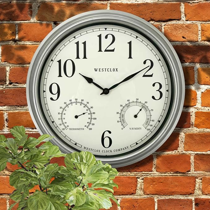 Westclox 15.75” Outdoor Wall Clock with Temperature & Humidity Display, Weather Resistant, Silver Finish, Glass Lens, Battery Operated