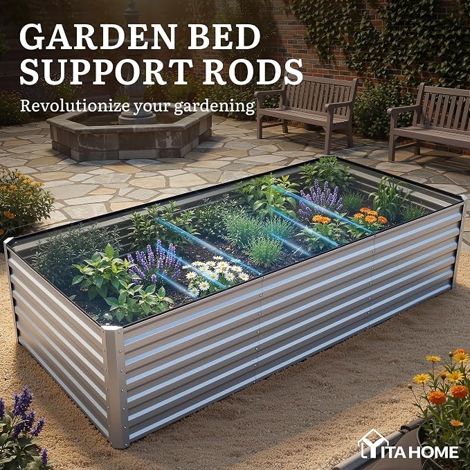 YITAHOME 8x4x2ft Large Raised Garden Bed Kit, Galvanized Metal Planter Box with Gloves, Support Rod, Outdoor Above Ground Planters for Plants Vegetables Flowers, Silver Gray