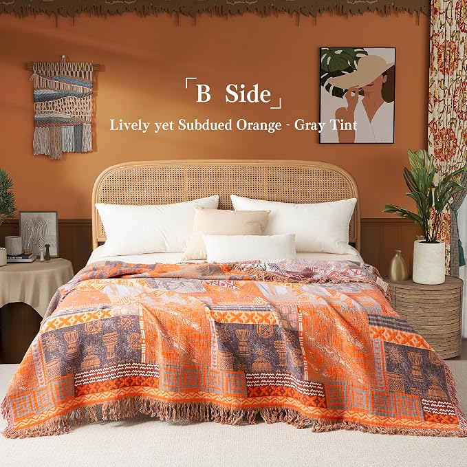 Phuryllic Boho Throw Blanket Twin Size, Soft Cozy Cotton Muslin Quilt Blanket for Bed Decor, Patchwork Block Couch Sofa Chair Cover, Vintage Farmhouse Cottage Tapestry Woven Blanket, Red&Orange