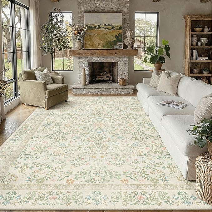 6x9 Light Green Floral Area Rug Vintage Farmhouse Style | Washable, Non Slip, Soft Low Pile, Indoor Carpet for Living Room, Bedroom, Dining Room, Botanical Decor
