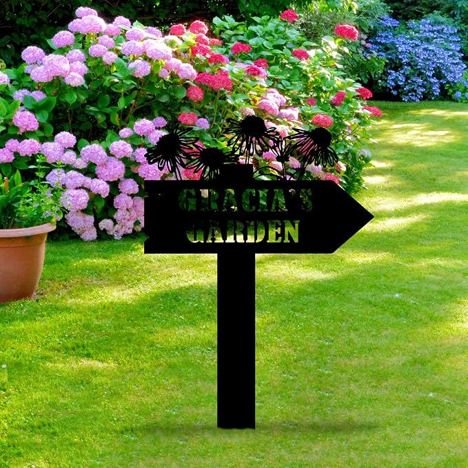 Personalized Flowers Garden Sign with Stakes, Custom Flowers Metal Garden Decor, Sign for Flower Beds, Metal Yard Art, Gift for Grandmother, Gift for Mom, Patio Garden Decorations, Housewarming Gift