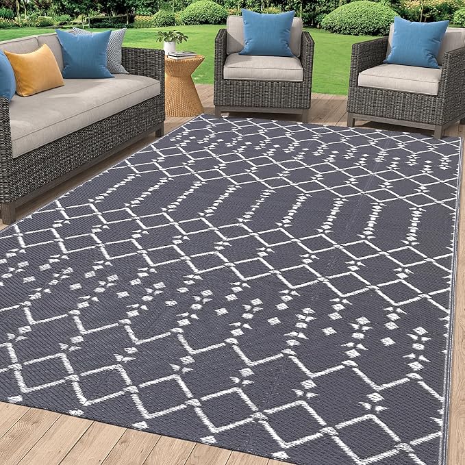Smiry Outdoor Rug 6x9 ft, Waterproof Reversible Plastic Straw Rugs, Boho Outdoor Area Rug, Outside Floor Mat for Patio, Backyard, Deck, Picnic, Beach, Camping, Grey
