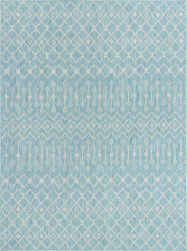 Unique Loom Outdoor Trellis Collection Area Rug - Tribal Trellis (10' x 13' 1" Rectangle, Aqua/ Ivory)