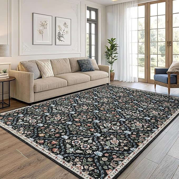 ROYHOME Area Rug - 5x7 Trellis Non-Slip Machine Washable Rug, Black | Vintage Distressed Floral Carpet Stain Resistant Accent Rug Farmhouse Floor Cover for Dining Bedroom Decor