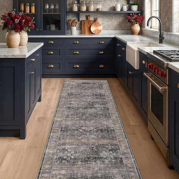 Washable 2x6 Runner Rug for Hallway, Low Pile Non-Slip Stain Resistant Bathroom Rug, Charcoal Stone Long Kitchen Runner Rugs, Modern Farmhouse Eclectic Mat for Laundry Room, Moody Décor
