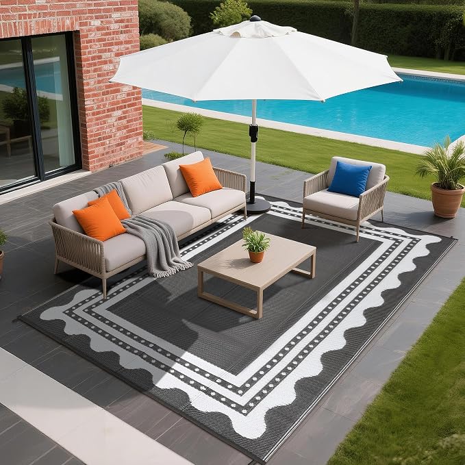 IDEALHOUSE Waterproof Outdoor Rug 8x10 for Patio, Reversible Modern Area Rug, Large Plastic Straw Mat for Camping, RV, Porch, Backyard, Deck, Picnic, Beach, Grey & White