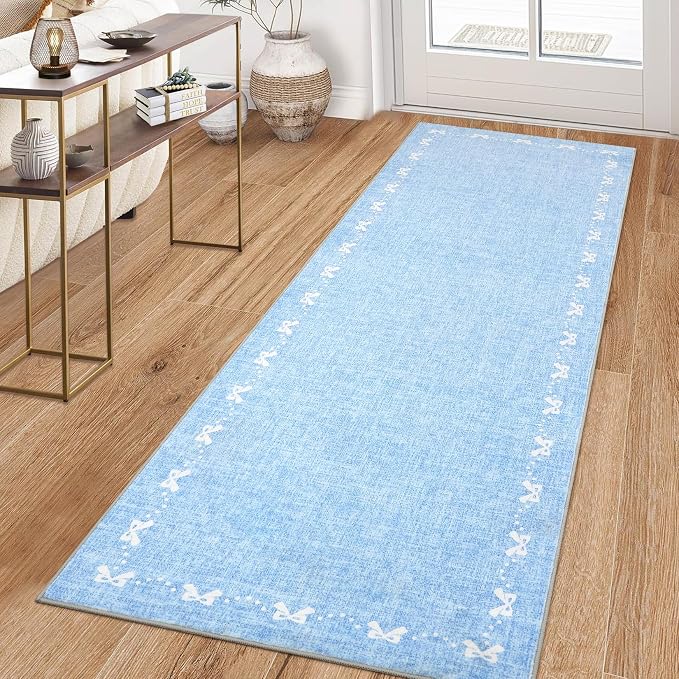 COZYLOOM 2x6 Kitchen Runner Rug Bow Bordered Long Rugs for Hallway, Solid Color Throw Rugs with Rubber Backing Washable, Non Shedding Stain Resistant Modern Carpet for Entryway, Bedroom, Blue
