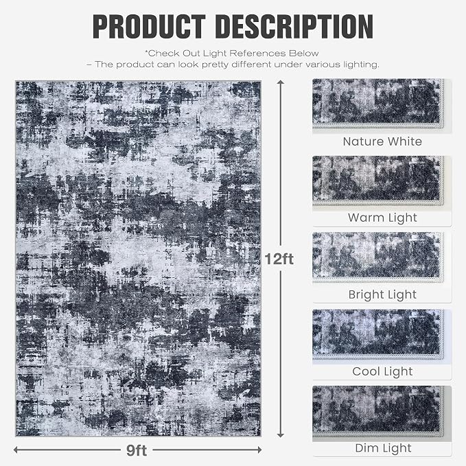 9x12 Area Rugs for Living Room: Washable Soft Black Abstract Bedroom Carpet | Non-Slip TPE & Stain Resistant,0.25" Low-Pile,Kids Pet Friendly Modern Decor for Dining Room Farmhouse Office, Non-Shedding