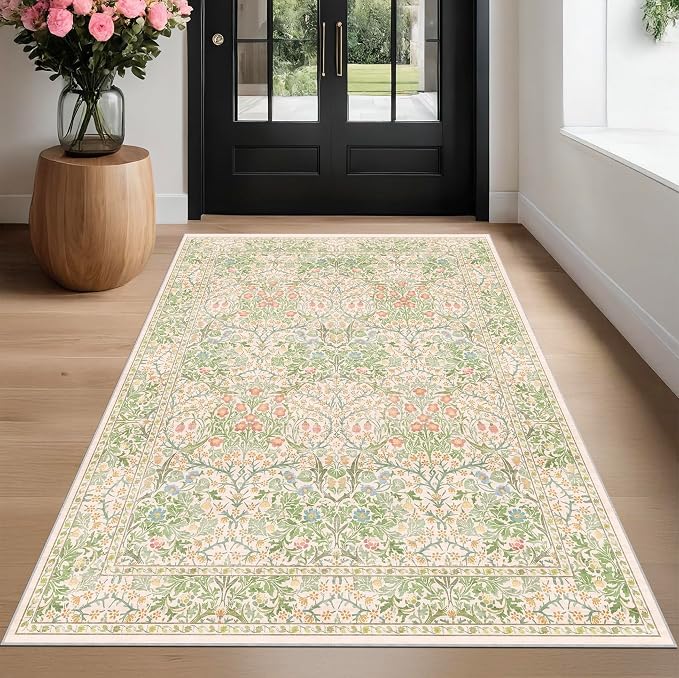 Beige Green Bedroom Rug 5x7 Area Rug for Living Room, Vintage Washable Floral Rugs for Nursery, Dining Room, Light Green Non Slip Stain Resistance Distressed Retro Low Pile Floor Mat Indoor