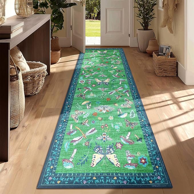 ROYHOME Mushroom Insect 2x6 Kitchen Runner Rug for Hallways Blue Green | Entryway Bedroom Bathroom Washable Bug Moth Cute Funky Cottage Core Whimsical Boy Rugs Low-Pile Non-Slip TPE Backing