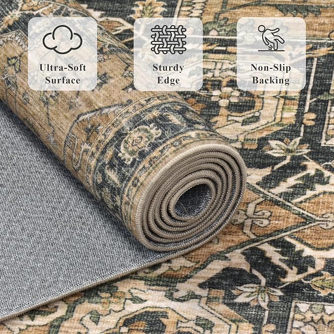 2x6 Vintage Runner Rug Low Pile Non-Slip Washable Hallway Rug | Retro Distressed Print Rug Non-Shedding Soft Brown Carpet Stain Resistant Runner for Hallway Kitchen Bedroom Laundry Room
