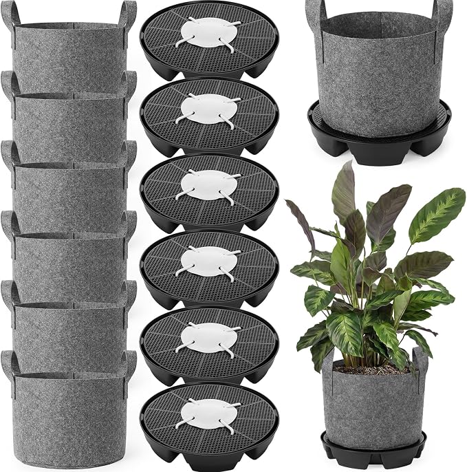 Jingmore 6 Set 3 Gallon Grow Bag Self Watering Fabric Pot Base Automatic Watering System Plant Nonwoven Grow Bag with Handle Plant Saucer Elevate Flower Tray for Garden Indoor Outdoor Greenhouse(Grey)