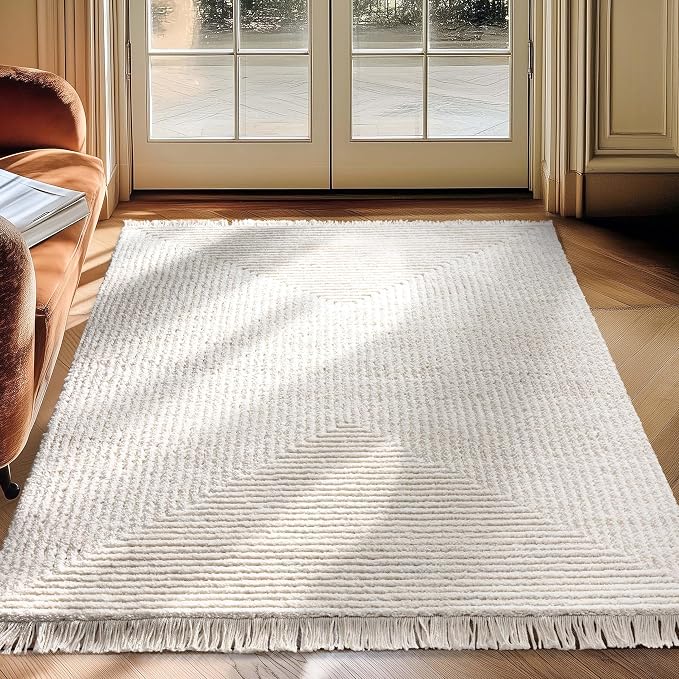 Well Woven Allie Ivory Squares Geometric Area Rug 4x6 (3'11" x 5'3") - Soft High-Low Texture for Living Room, Bedroom & Office
