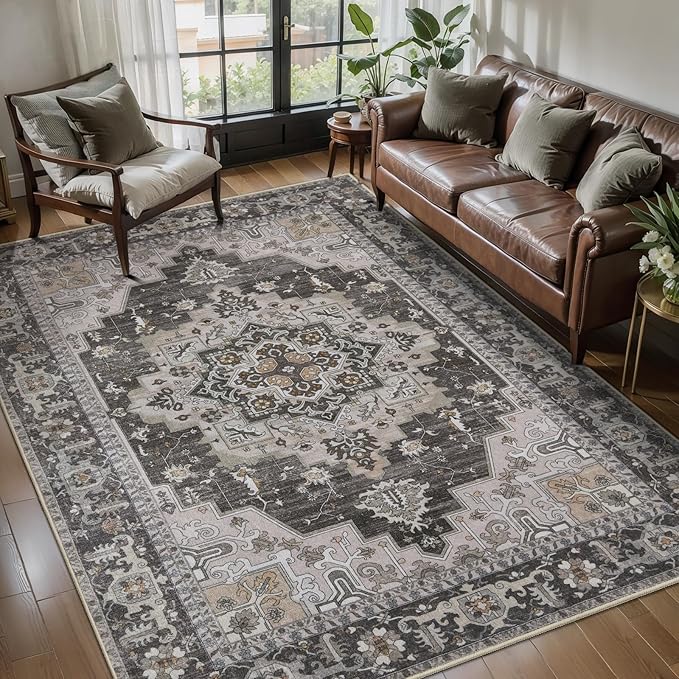 Tangsoo Vintage 4x6 Washable Area Rug for Living Room, Non Slip Rug Grey | Farmhouse Machine Washable Large Rug Carpet, Boho Soft Low Pile Foldable Indoor 4x6 Rug for Dining Room Bedroom Home Decor