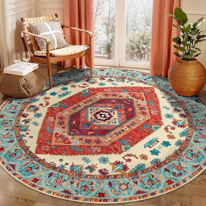 SERISSA 5ft Washable Non Slip Round Boho Area Rug for Bedroom，Orange | Ultra Soft Vintage Oriental Carpet Low-Pile Tribal Circular Indoor Mat for Entryway Kids Room College Dorm Living Room