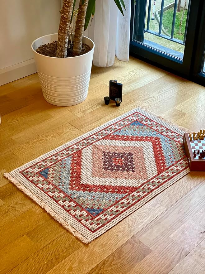Secret Sea Collection: Modern Kilim Series Small Area Rug, Washable, Reversible, Cotton (2 x 3 feet, Dawn of Light)