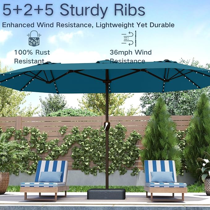 Kingdura 15ft Large Patio Umbrella with Solar Lights, Double-Sided Rectangle Outdoor Table Umbrella with Base Included, 12 Reinforced Ribs, 48 Led Lights, Crank Lift for Market Pool Deck, Lake blue