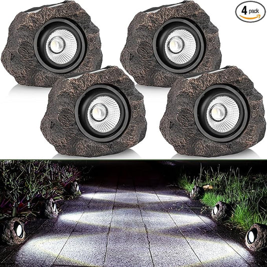 Candieslife Solar Rock Lights Outdoor Garden Waterproof - Super Bright LED Solar Spotlights, Solar Powered Landscape Path Decorative Garden Stone Lights for Pathway, Walkway, Yard, Patio (4 Pack)