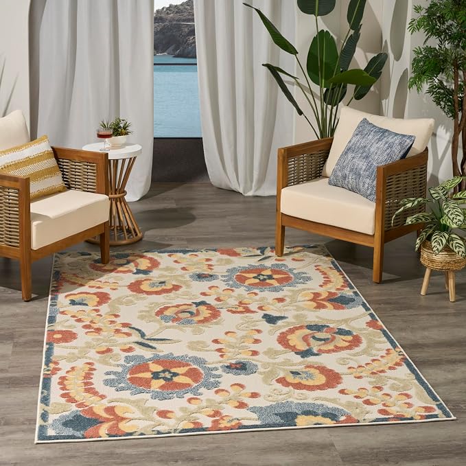 Nourison Home Aloha Grey Multicolor 5'3" x 7'5" Area Rug - Easy Clean, Non Shedding, Bed Room, Living Room, Dining Room, Kitchen (5' x 8')
