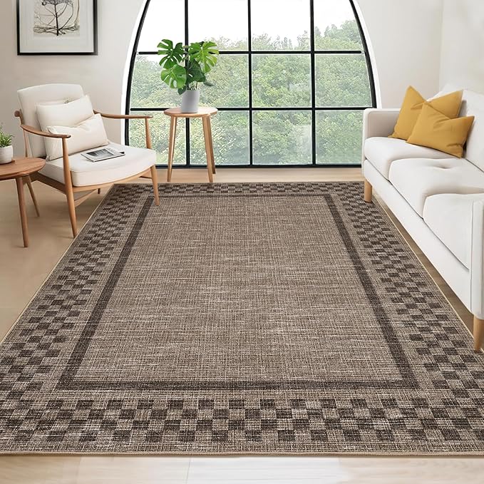GarveeHome Washable Area Rug 6x9 Large Living Room Modern Border Throw Rug | with Rubber Backing Stain Resistant Dining Room Throw Carpet Scalloped Rug for Bedroom Home Decor Office, Brown