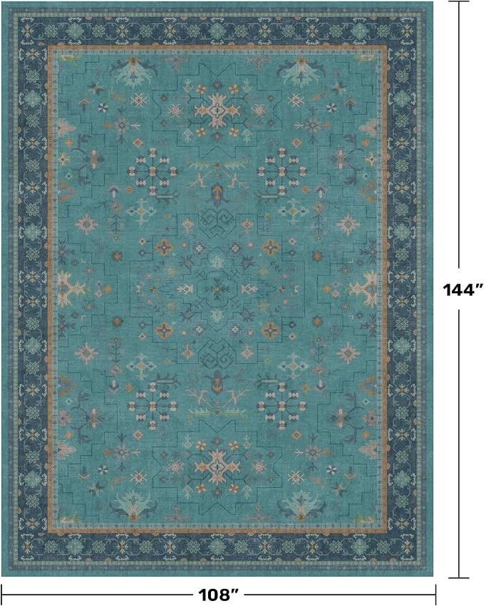 Boho 9x12 Large Teal Green Washable Living Room Rug - Vibrant Turquoise Rug for Bedroom Under Bed, Dining Room Under Table, Geometric Floral Low Pile & Soft Stain Resistant Carpet