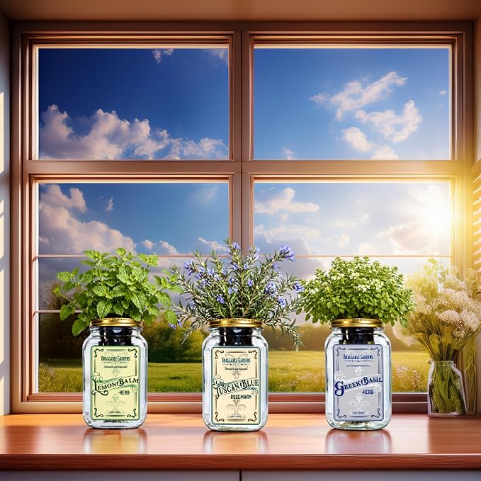 Chef’s Herb Garden Mason Jar Grow Kit (3 Pack) – Tuscan Blue Rosemary, Greek Basil & Lemon Balm – Indoor Hydroponic Herb Growing Kit – Windowsill Kitchen Herb Garden