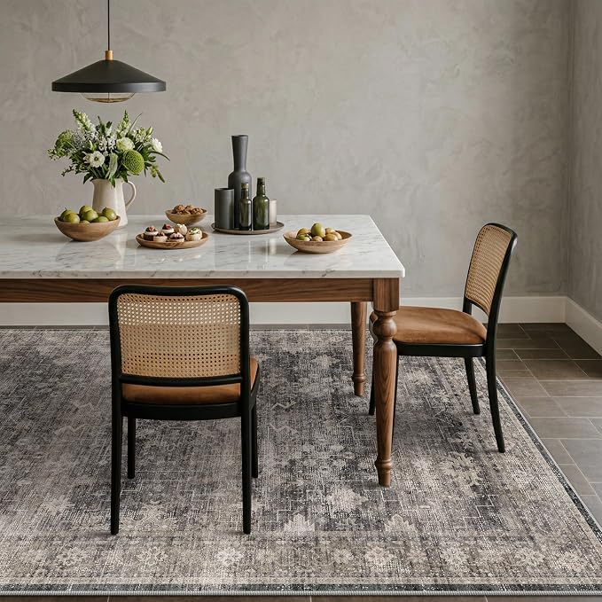 Farmhouse Charcoal Stone 6x9 Rug for Dining Room, Modern Large Area Rugs for Living Room, Boho Washable Rug for Bedroom with Distressed Geometric Design, Stain Resistant Low Pile Non-Slip