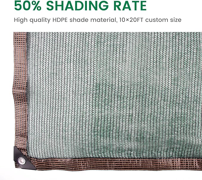 50% 10 X 20 FT Green Shade Cloth, Outdoor Woven Sun Shade with Grommets, Durable Breathable Netting Shading Antifreezing for Patio, Garden, DIY Home, Plants Cover, Greenhouse, Dog Kennel