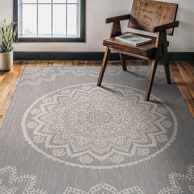 CAMILSON Outdoor Rug 5x7 Modern Area Rugs for Indoor and Outdoor Patios and Porches - Waterproof, Washable, Non-Shedding, Easy-to-Clean Outside Carpet (5 x 7, Medallion - Grey/White)