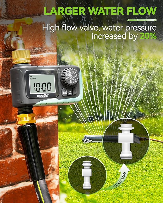 RAINPOINT 50FT Drip Irrigation System with Sprinkler Timer, Automatic Garden Watering Kit with 15pcs 360°Adjustable Copper Nozzles for Greenhouse, Lawn, Raised Beds, Outdoor Plants