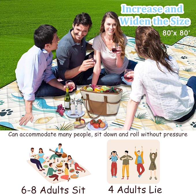 Extra Large Picnic Blanket Waterproof,80"x 80"Foldable Machine Washable Outdoor Blanket,Seashell Beach Blanket for 6-8 Adults,Picnic Mat Suitable for Indoor Crawling,Park Beach,Camping,Hiking,Travel