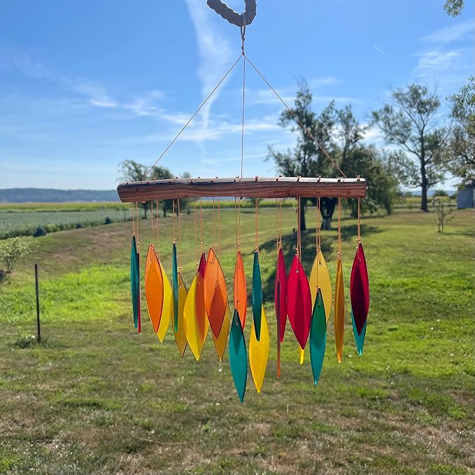 Blue Handworks Santa Fe Glass Leaves Wind Chime | Sandblasted Glass and Found Wood Handcrafted Wind Chime
